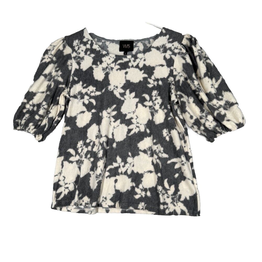 W5 Shirt Womens Small Gray Cream Floral Flower Whimsy Casual Neutral‎ Minimalist